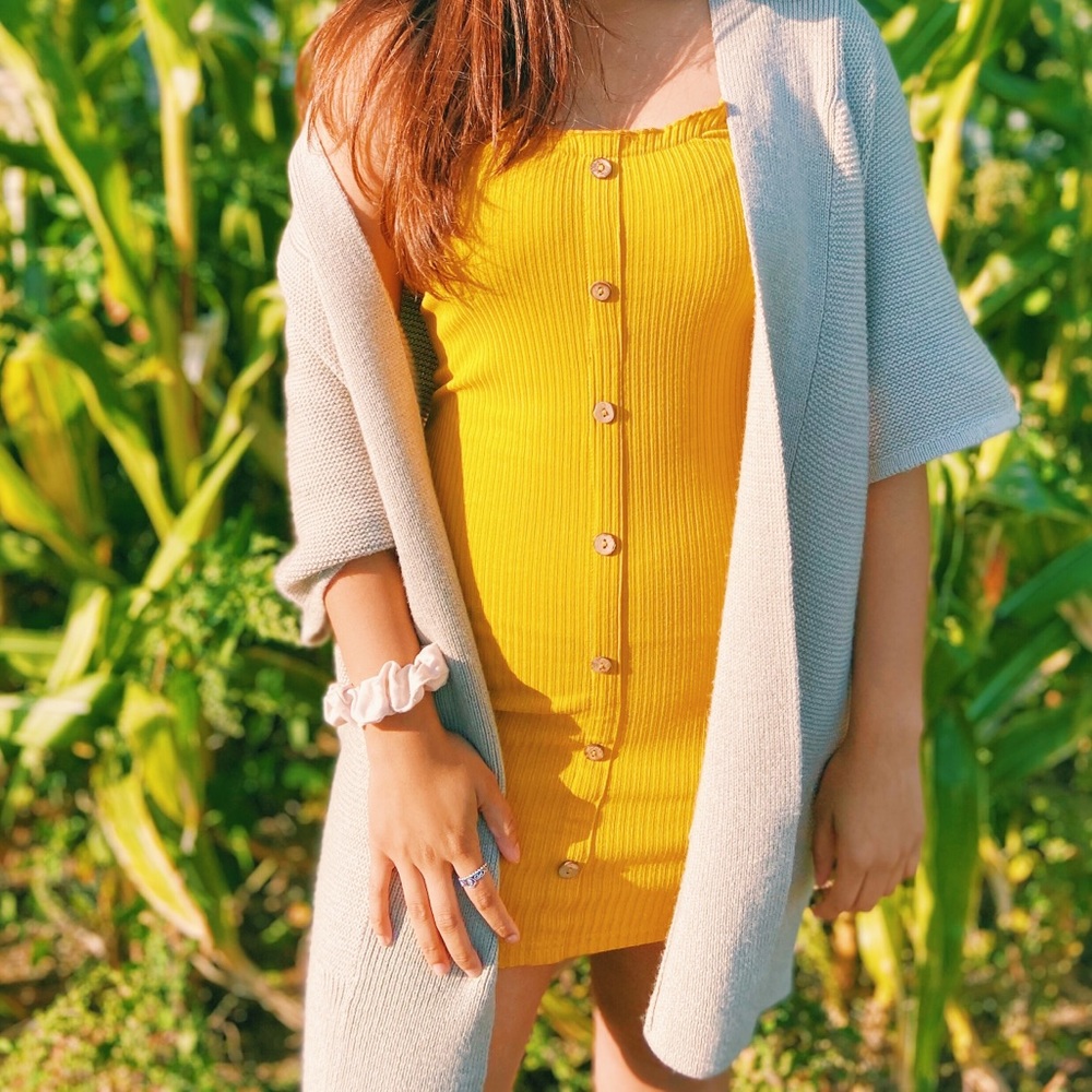Yellow Ribbed Cami Dress with Buttons